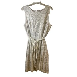 Tommy Hilfiger Off White Gold Shimmer Lace Floral Belted Sleeveless Dress 14